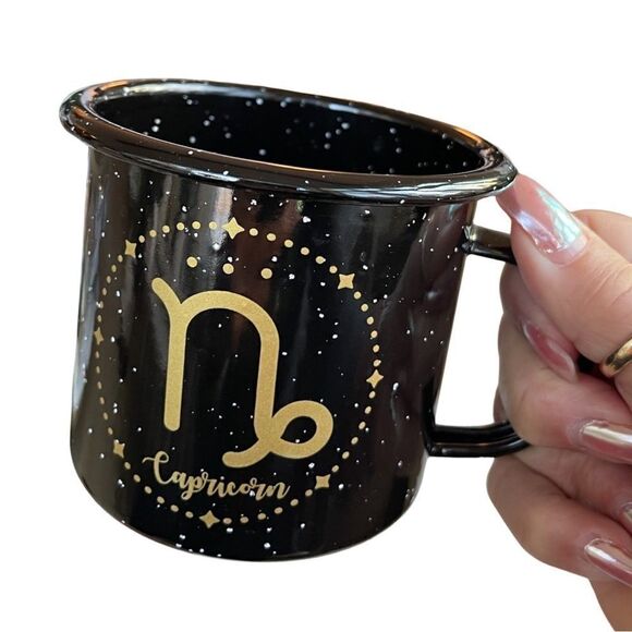 Capricorn Astrology 18 oz Enamel Campfire Mug Zodiac Symbol Blk White & Gold NWT - Picture 2 of 7